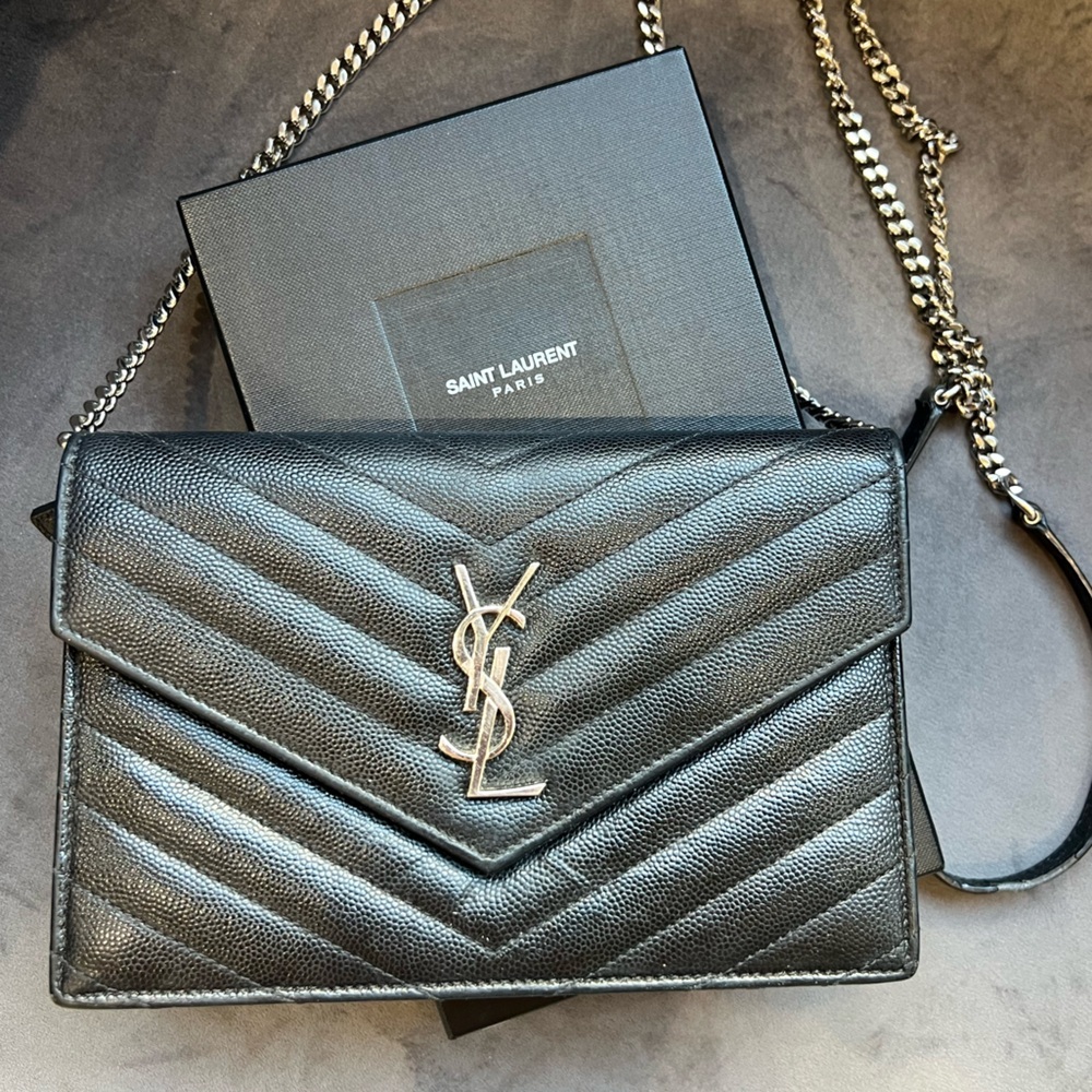YSL Cassandre black envelope flap wallet on chain silver hardware